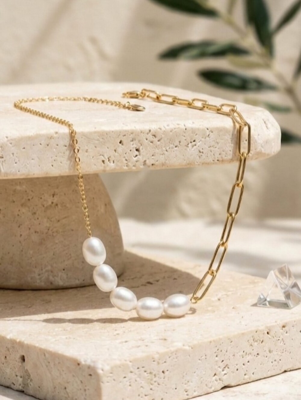 18K Gold Plated Pearl Paperclip Chain Necklace Dainty White Old Money Coastal